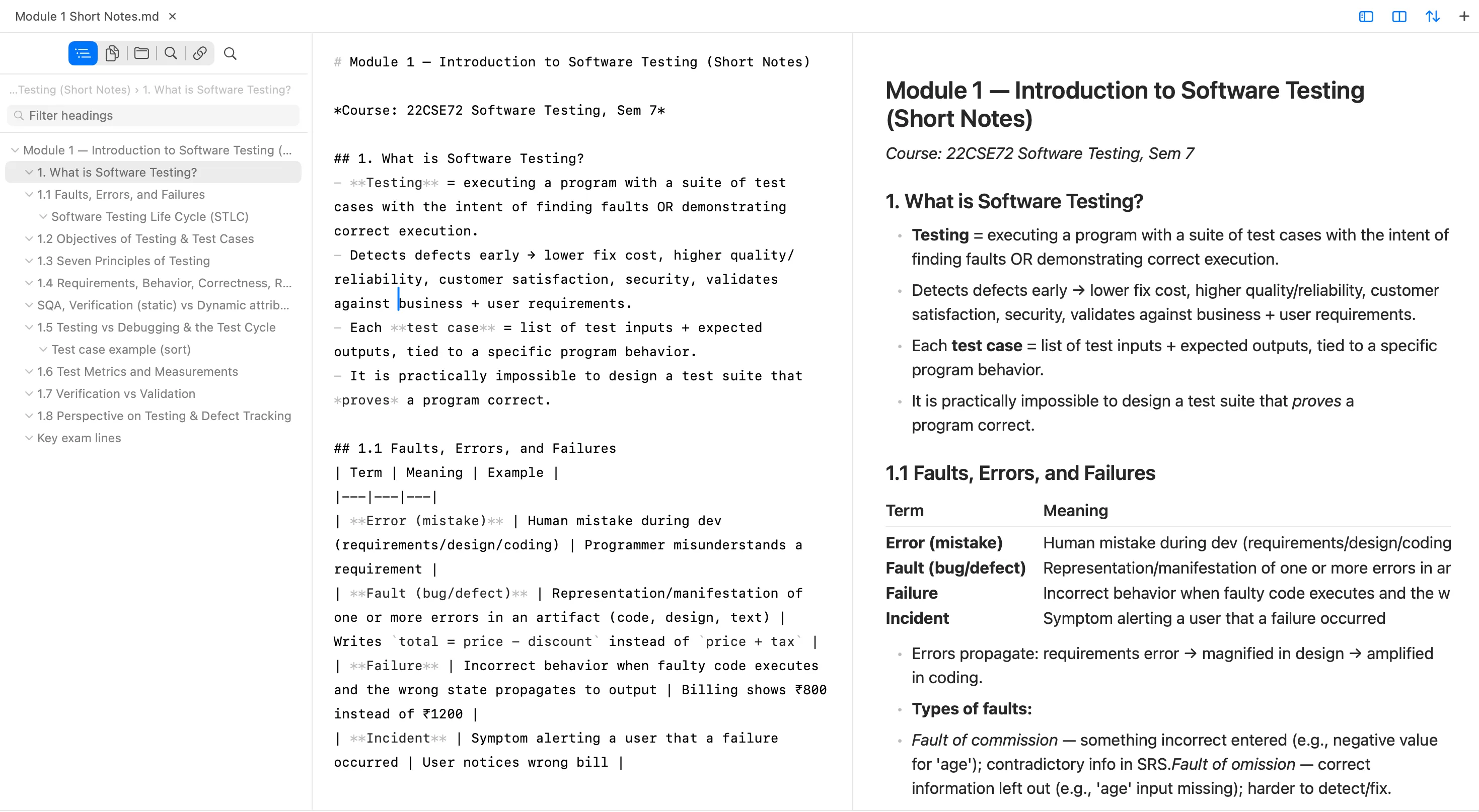FlashMD showing a ToC sidebar, Markdown source editor, and native preview of a structured document