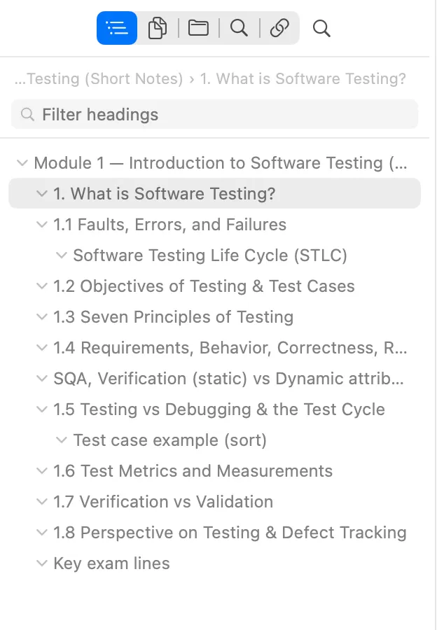 FlashMD Table of Contents sidebar with nested headings and a filter field