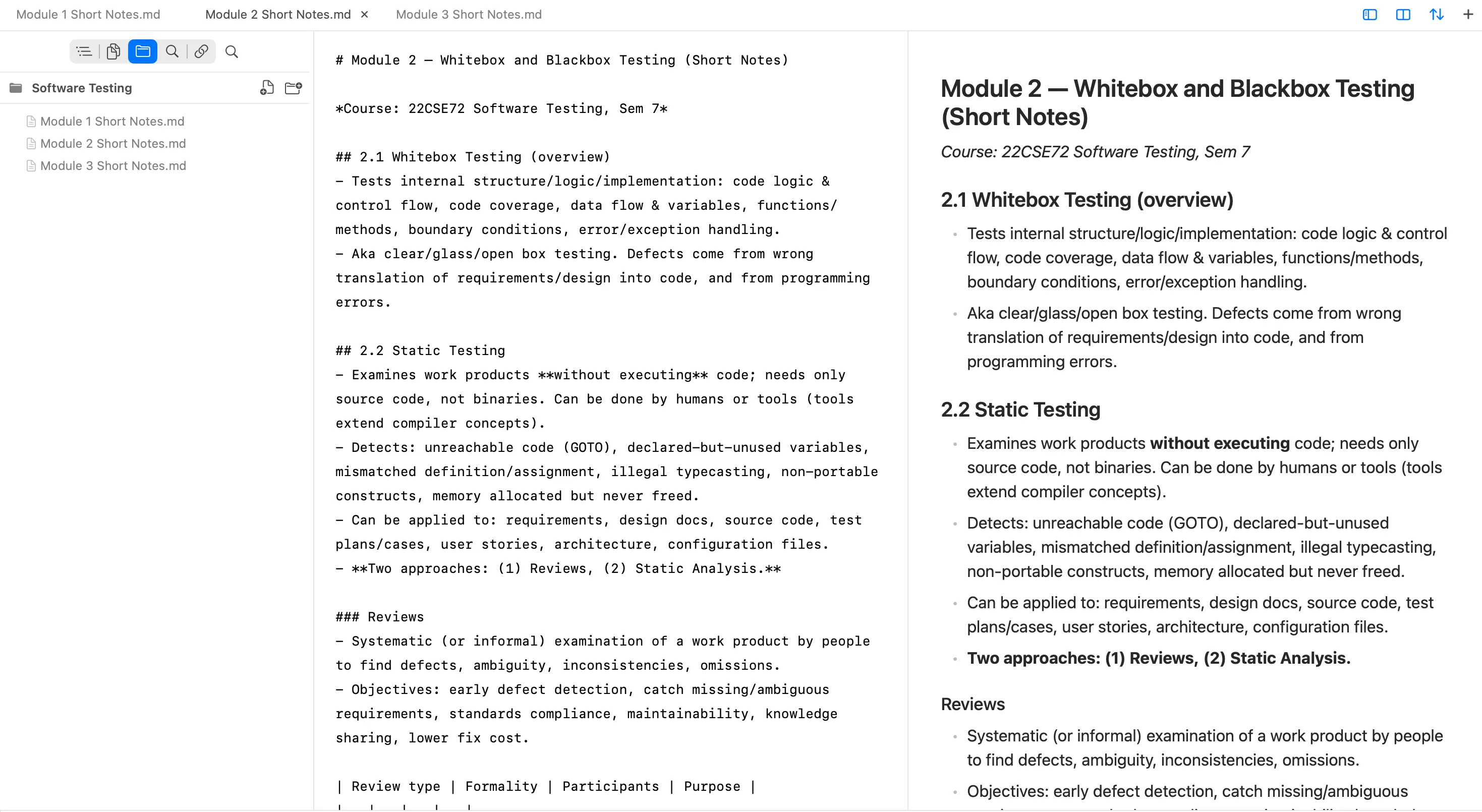 FlashMD workspace file sidebar listing local Markdown modules beside the editor